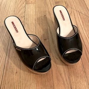 Prada, patent leather slip on wedge